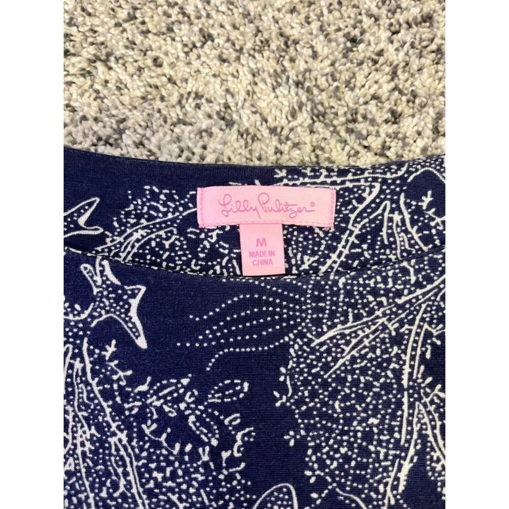 Lilly Pulitzer Navy White Coral Starfish Print Silk Cotton Shift‎ Dress Size M - Picture 3 of 11